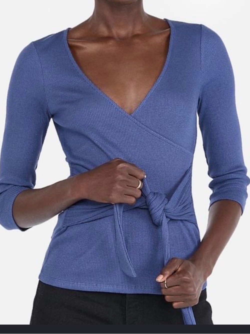 Express Wrap Front Ribbed Knit Top in Dusty Blue